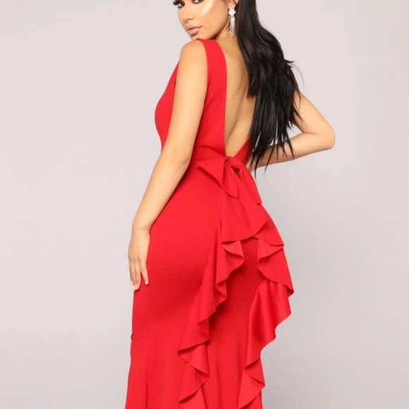 Fashion Nova Such A Lady Ruffle Dress, Bow & Ruffle, Red, XS, Deep V Back - Picture 4 of 6